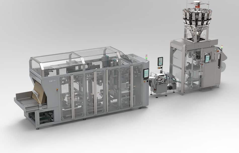 Der Inline-Siegelnahttester TSC-AS (zwischen den beiden großen Maschinen) ermöglicht eine Dichtheitsprüfung bei Geschwindigkeiten bis zu 150 Takten pro Minute Der Inline-Siegelnahttester TSC-AS (zwischen den beiden großen Maschinen) ermöglicht eine Dichtheitsprüfung bei Geschwindigkeiten bis zu 150 Takten pro Minute.