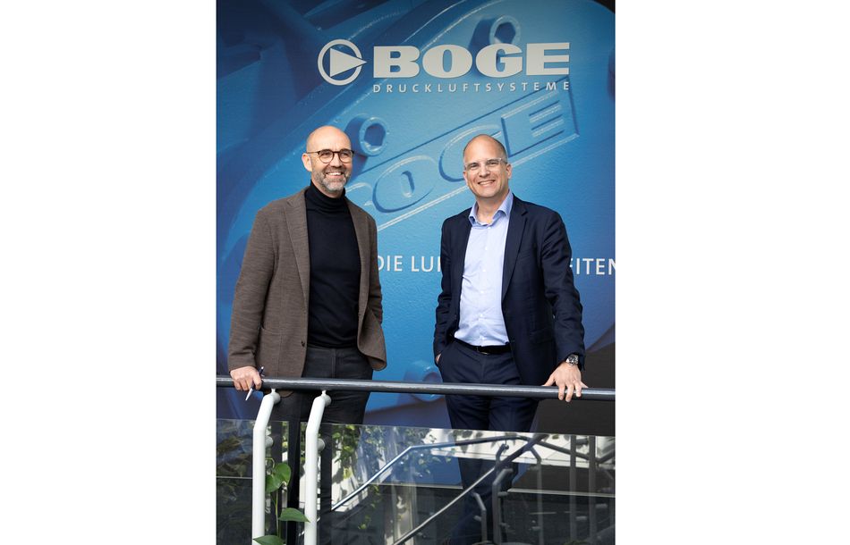 Dr. Sebastian Göbel (rechts) übernahm ab dem ersten Quartal 2024 die technische Geschäftsführung des Bielefelder Druckluftspezialisten Boge und verstärkt damit das Führungsteam um den kaufmännischen Geschäftsführer Olaf Hoppe.