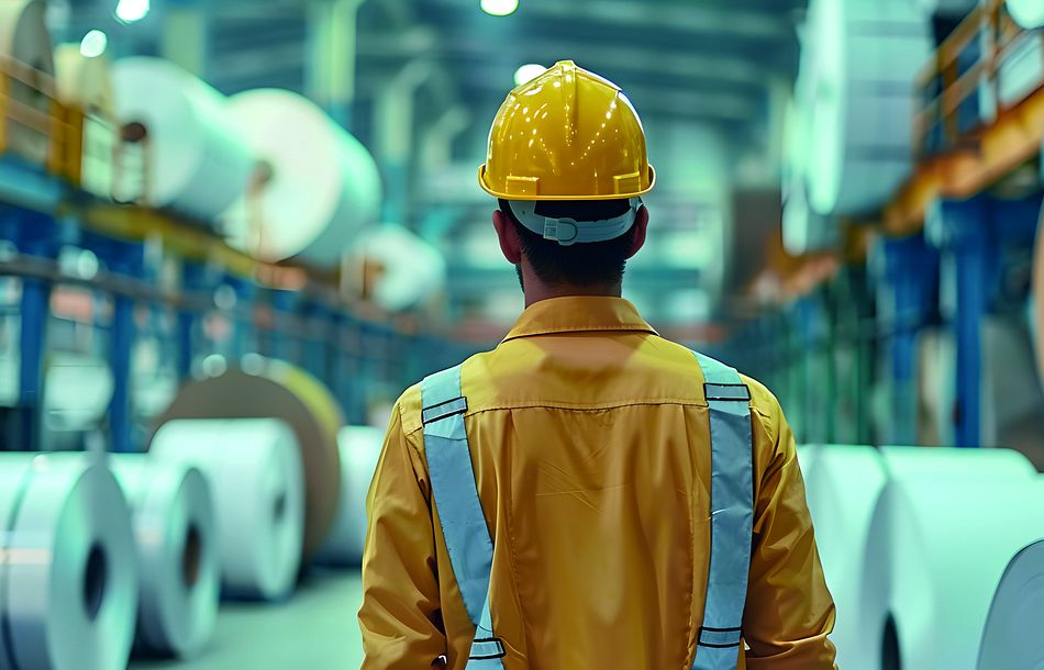Industrial worker in pulp paper plant emphasizing safety and pro